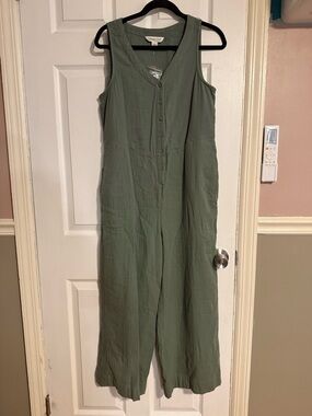 Coldwater Creek Olive Green V-Neck Button Front Jumpsuit